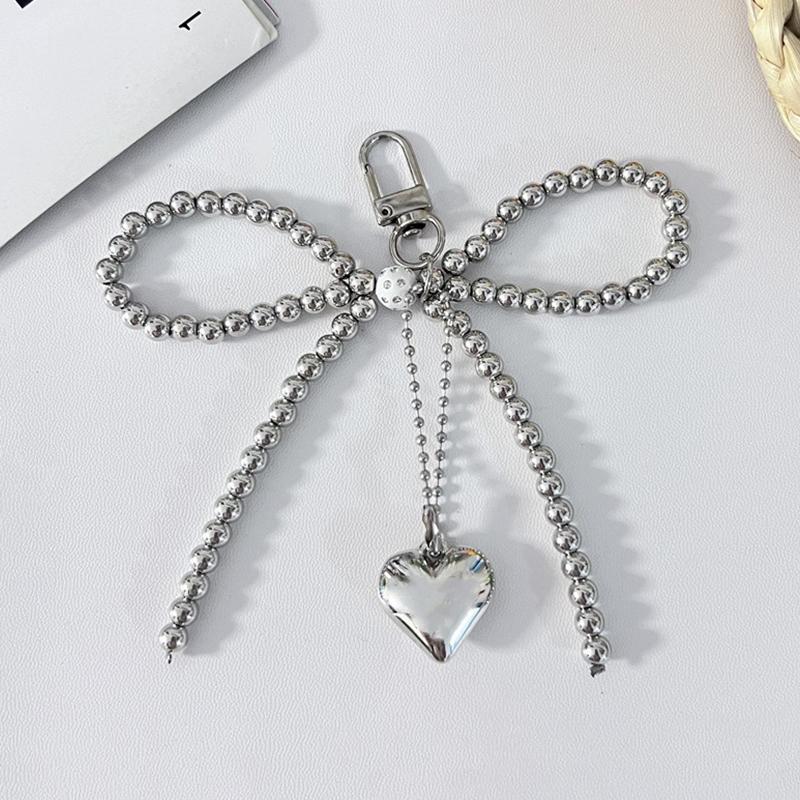 Брелок для ключей Ins Style Bowknot с бусинами, трехмерное серебряное сердце, кулон для телефона, чехол для наушников, подвеска, сумка, украшение, автомобильный брелок для ключей
