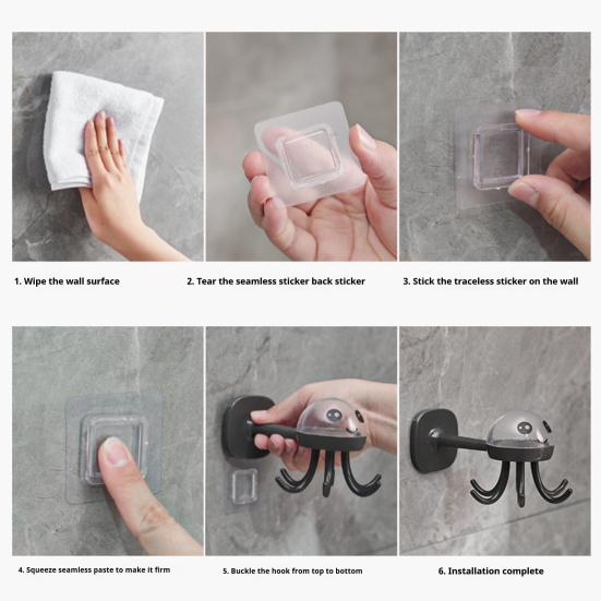 Пластиковая настенная полка-органайзер с прочным клейким креплением, грузоподъемная, в форме мультяшного осьминога, дизайн с шестью крючками, полка для хранения в ванной