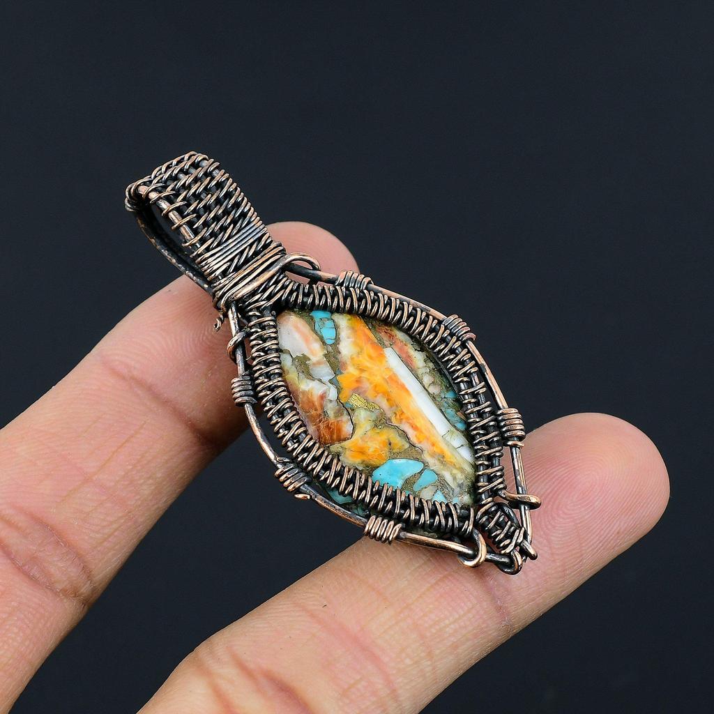 Подвеска из Спини Ойстер, ручная работа, с драгоценным камнем, обмотанная медной проволокой 999 пробы, дизайнерское украшение, для подарка на годовщину