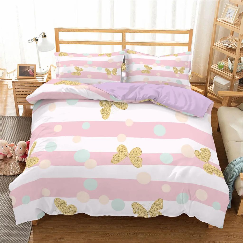 Girl Duvet Cover Set Pink Bow Pattern Kawaii Twin Bedding Set Pink Polyester Bedding Collections for Kids Girls Queen King Size