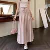 Длинная юбка из хлопка и льна для женщин, летние розовые корейские юбки миди с высокой талией, плиссированные женские
