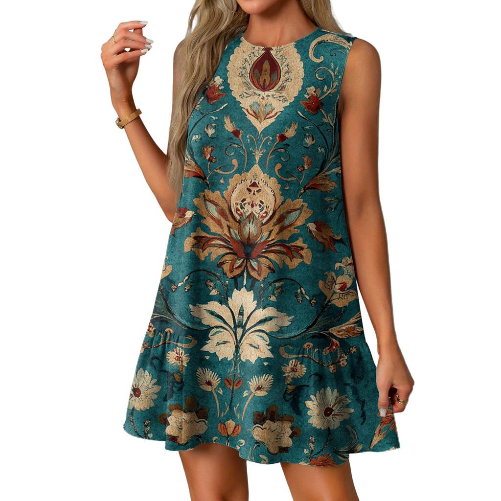 Женские модные повседневные платья без рукавов с круглым вырезом и оборками с винтажным принтом