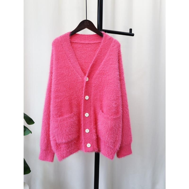 Вязаный кардиган из искусственного норкового бархата, женский, свободный, с V-образным вырезом, универсальный, однотонный, осенне-зимний, новый, куртка-свитер, толстый
