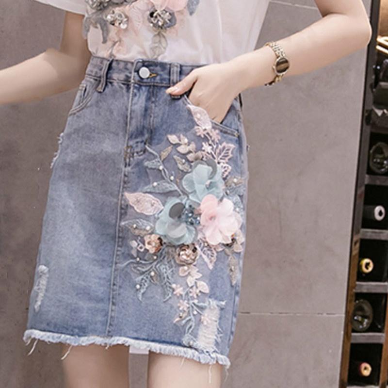 Женская джинсовая юбка с кисточкой и цветочным бисером, нерегулярная джинсовая юбка с высокой талией и вышивкой, узкие джинсовые юбки