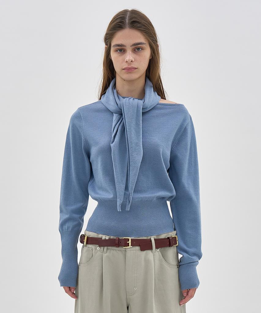 PARTIMENTO WOMEN Two-Way Asymmetrical Scarf Knit Crew Neck_Dusty Blue