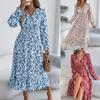 Women's Elegant Floral Cross V-Neck Waist Ruffle Long Dresses