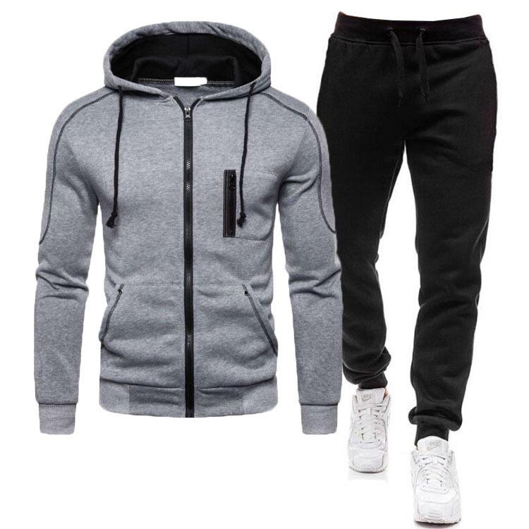 New cardigan zipper hooded sweater set, digital leisure sports solid color men's sweatpants