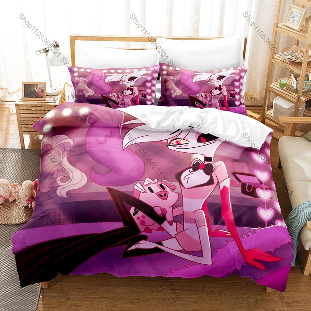 New Angel Dust Fat Nugget Pink Spider Demon Pet Pig Dark Cartoon Print Duvet Cover + 2 Pillowcases Grunge Pink Black Microfiber