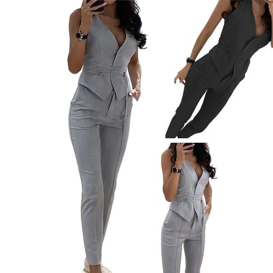2 шт./компл., женский жилет, брюки, комплект с завязкой на талии, OL стиль, без рукавов, облегающий офисный женский летний наряд, женская одежда