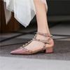 Spring New Rivet Middle Heel Shoes Women's Strap Buckle Thick Heel Sexy Willow Pointed Sandals Women's Shoes