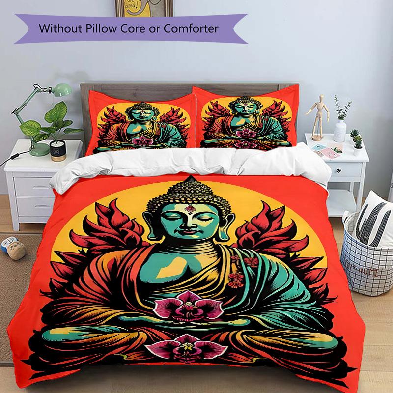 3pcs Buddha Lotus Bedding Set, Includes 1 Comforter + 2 Pillowcases, Without Pillow Inserts, Soft Comfortable, Lightweight Breathable, Print