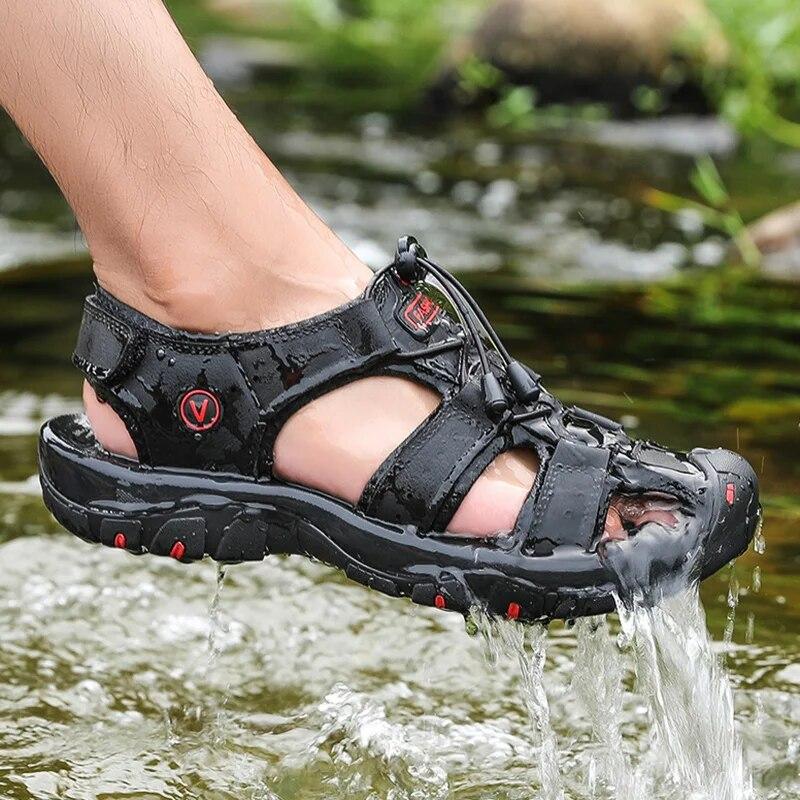 Men Sandals Summer Genuine Leather Mens Casual Shoes Outdoor Leather Sandals for Men Beach Shoes Roman Shoes Rubber Water Shoes