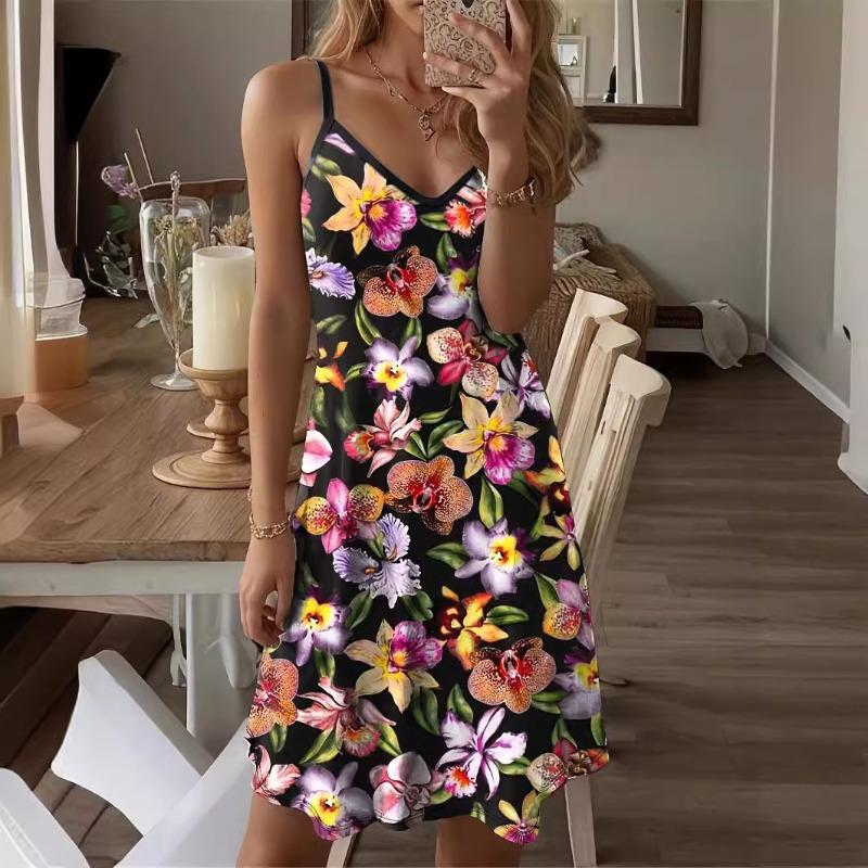 Spring Summer Casual Fashion Floral Print Loose Suspender Round Neck Mid Length Casual Dresses
