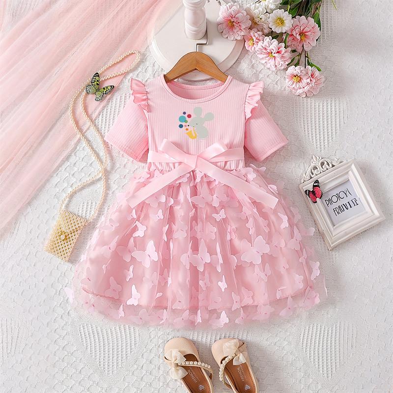 Girls Butterfly Tulle Dress, Dazhou Printing,Cute Princess Party Dress with Bow, Short Sleeve Summer Dress for Little Girls