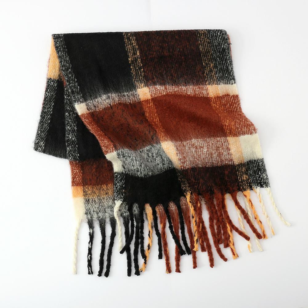 Autumn and Winter New Rainbow Plaid Imitation Cashmere Fringed Scarf Women's Mohair Enlarged Thick Shawl Warm Scarf