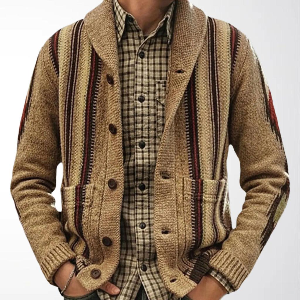 Мужской кардиган жаккардовой вязки на осень/зиму с отложным воротником (SY0009)