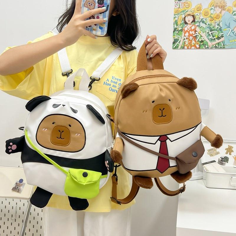 Cute Ins Capybara Panda Cartoon Backpack With Nylon Material For School And Daily Use