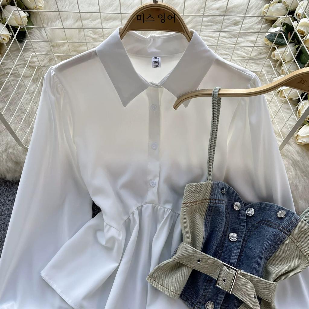 Korean Series Wear Age-Reducing Set Retro Denim Cami Stacked All-Matching Puff Sleeve Shirts Two-piece Set Top