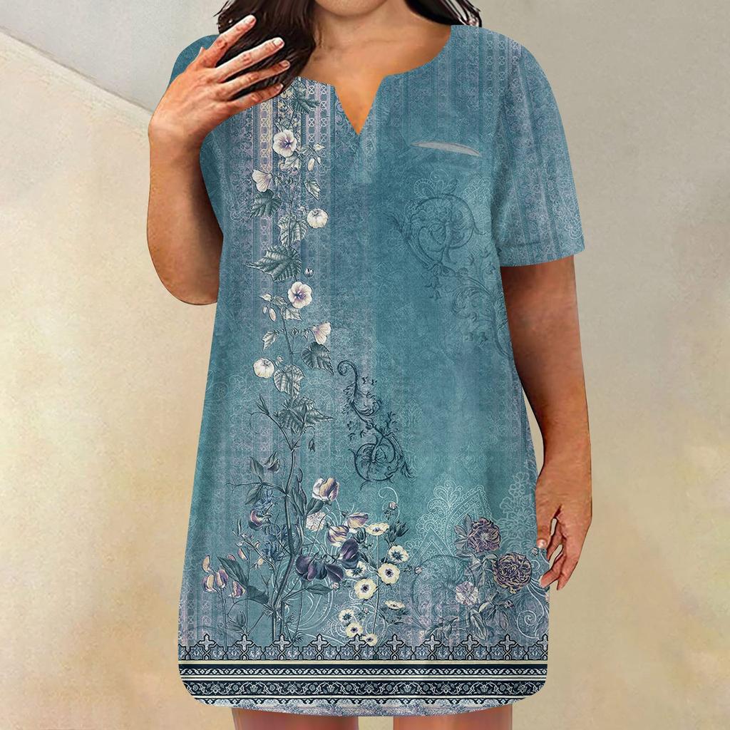 Женские платья больших размеров с V-образным вырезом и коротким рукавом, летнее повседневное однотонное платье-туника с карманом