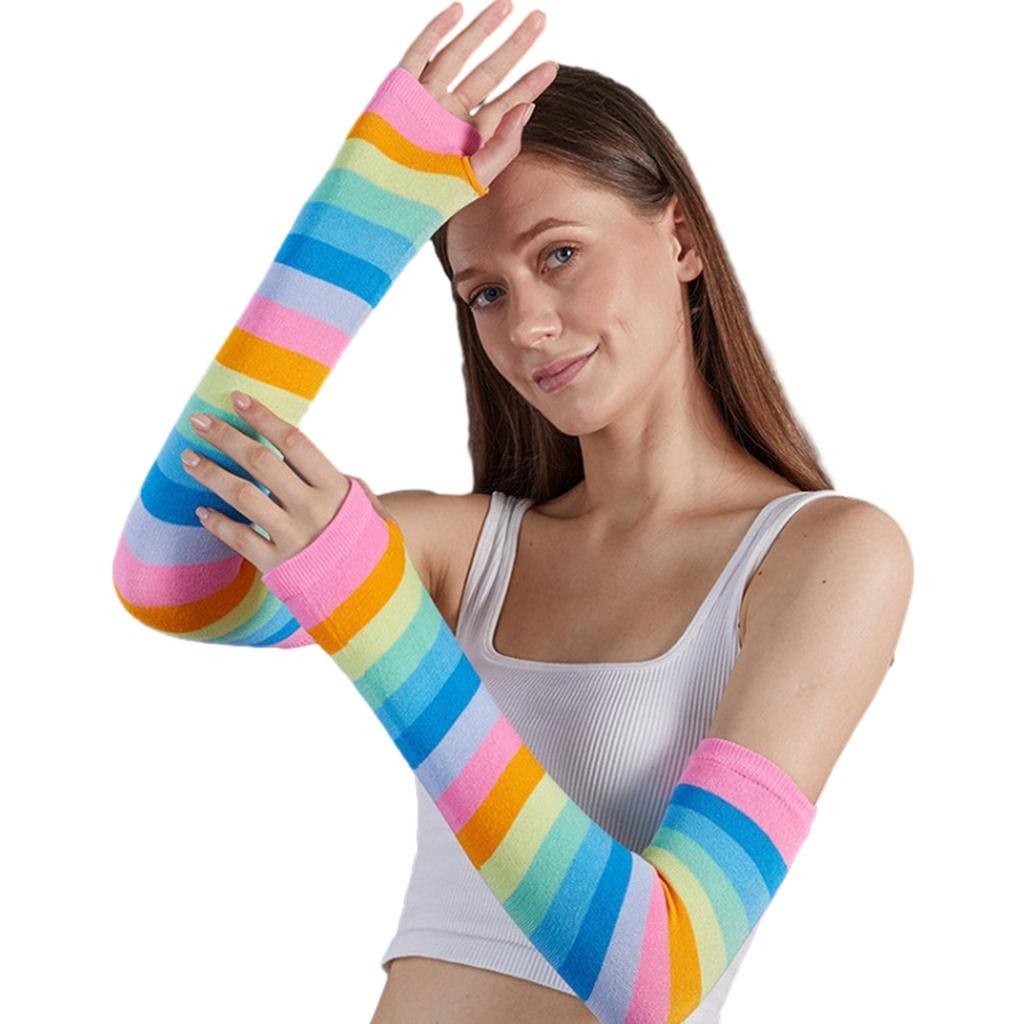 Colorful Stripe Fingerless Gloves for Women Fashion Arm Sleeves Christmas Party Decorative Rainbow Gloves for Teens Girl