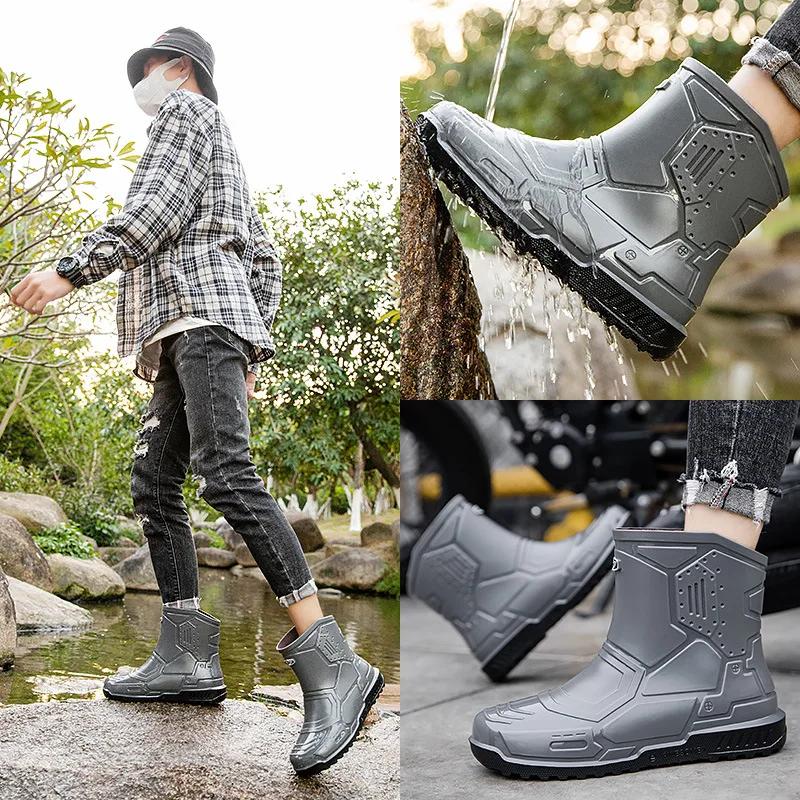 Men's Waterproof Rain Boots Outdoor Solid Color Fishing Boots Fashion Non-slip Waterproof Shoes Solid Color Mid-tube Rain Boots