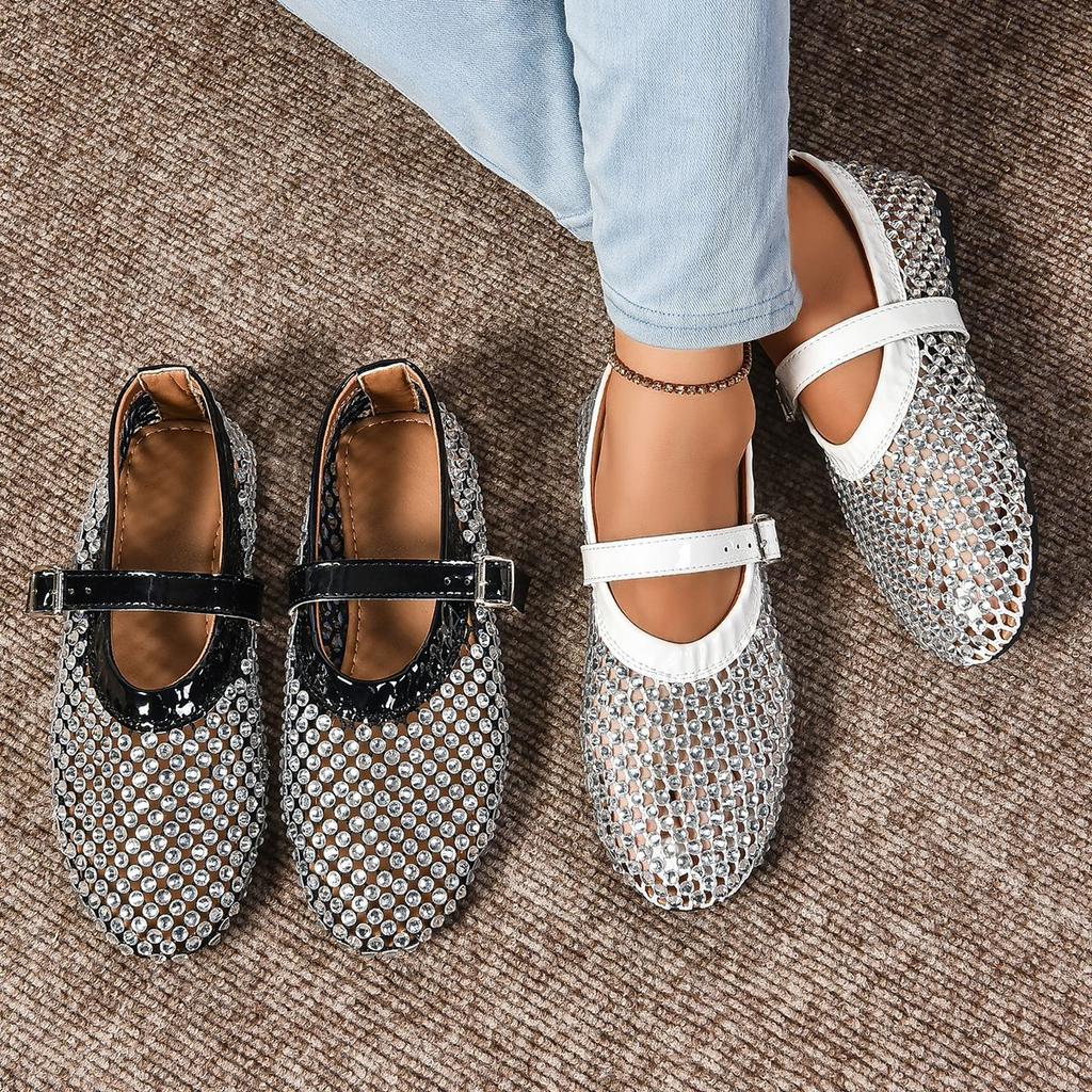 2024 Summer Mesh Buckle Hollow Breathable Flat Shoes Full Diamond Women's Sandals Hollow Fashion Single Shoes Fishing Net Shoes Women's