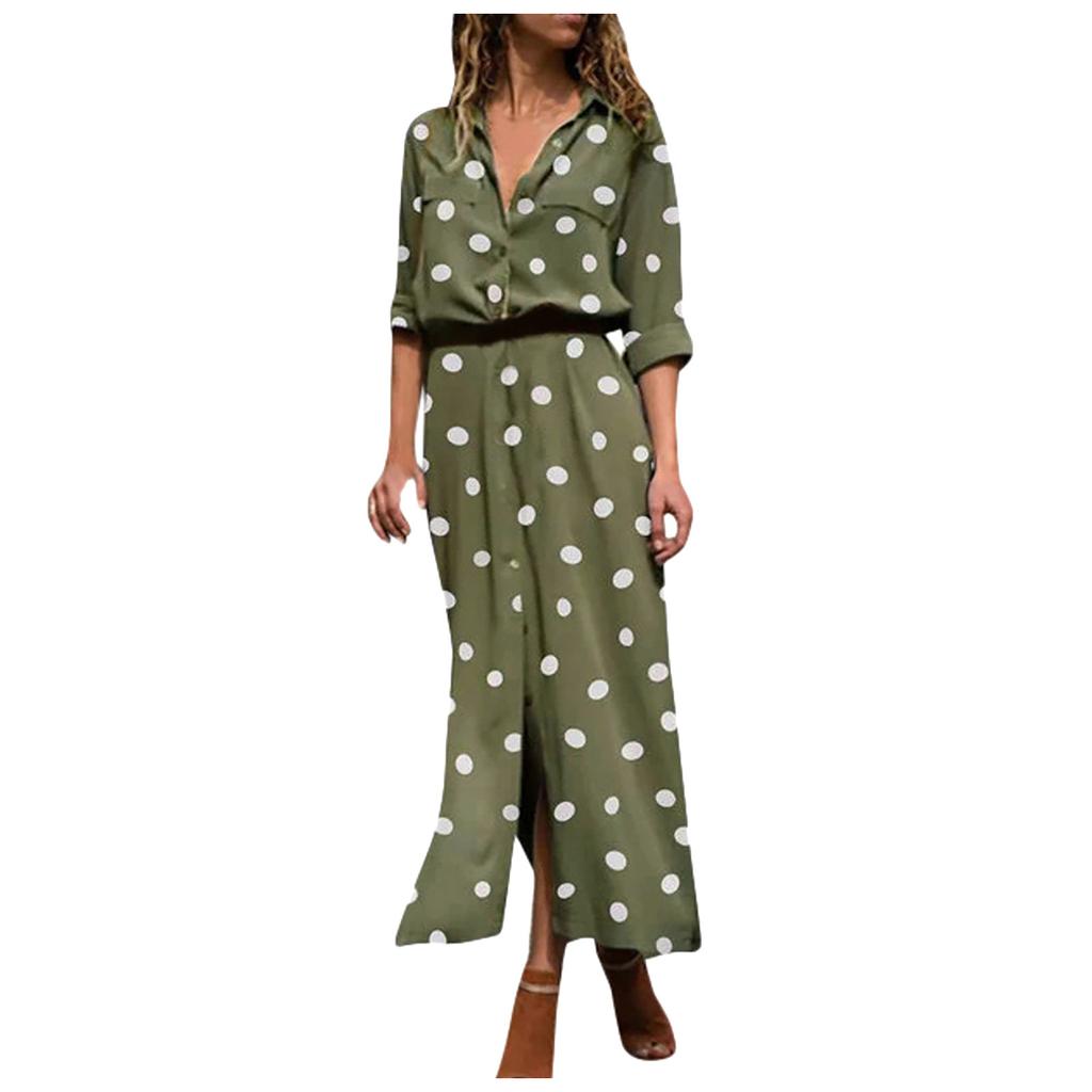Women's Fashion Casual Polka Dot Print Lapel Long Sleeves Single-breasted Stitching Loose Waist Hem Split Chiffon Dress