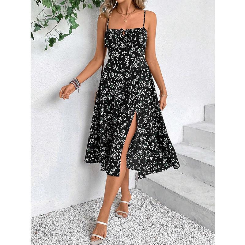 Летние женские платья для отдыха Slim Fit без рукавов с высокой талией, длинное платье А-силуэта с цветочным принтом и разрезом