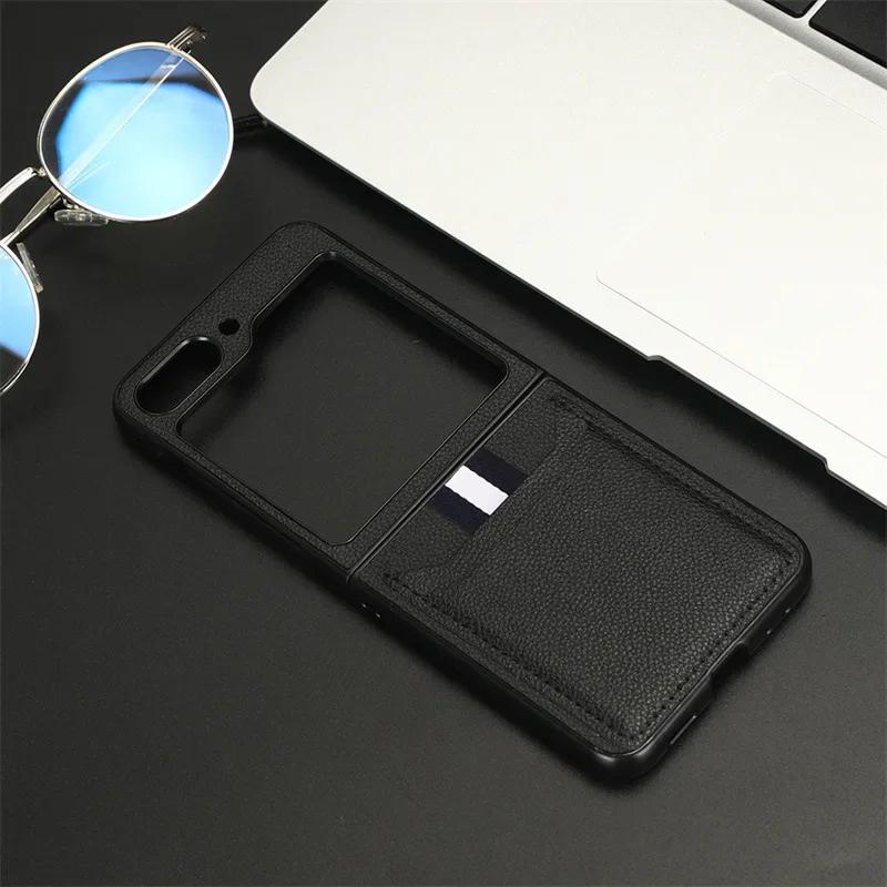 Кожаный чехол для телефона Samsung Galaxy Z Flip 7 FE 6 5 4 3 Flip6 Flip5 Flip4 Flip3 с держателем для карт Защитный от падений Чехол-рукав