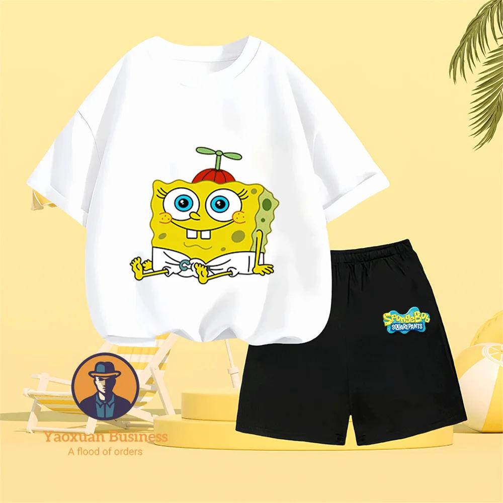 Hot Sale Summer Kidswear Pure Cotton SpongeBob SquarePants Anime Printed Round Neck Casual Two Piece Set
