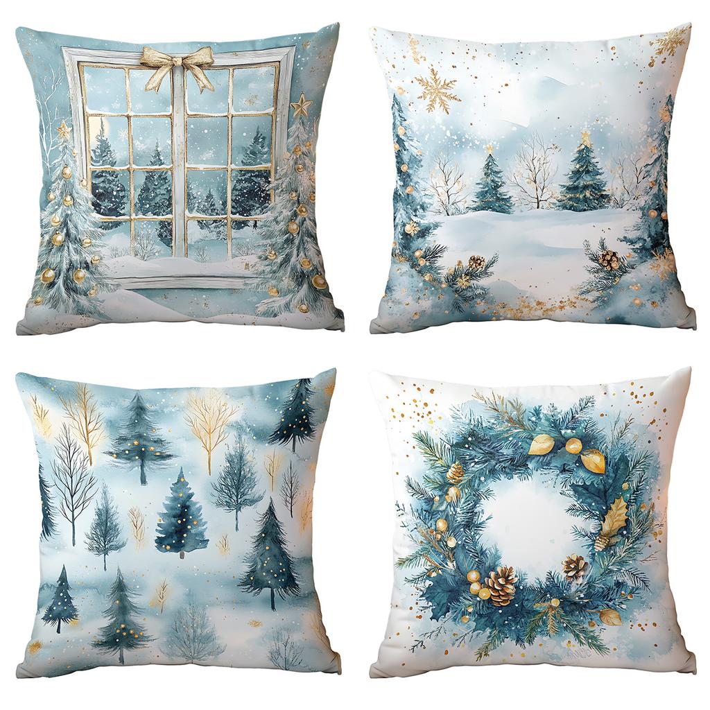 Новая Рождественская наволочка Домашнее Рождественское украшение Подушка Синие елочные шары Сосна Снежная сцена