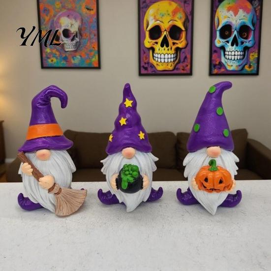 Halloween Souvenirs for Kids Gnome Resin Figurine, Broom Cauldron Pumpkin Dwarf Set Statue Desk Shelf, Spooky Holiday Party Supplies Small Room