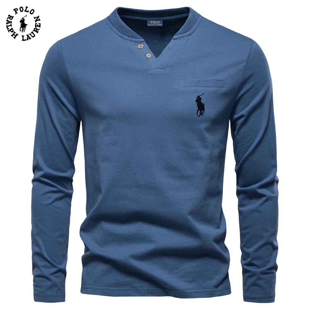 Polo Ralph Lauren 2025 Autumn New Men's Embroidery Casual V-neck Long Sleeved T-shirt Slim Fit Base Shirt Pure Cotton T-shirt Top for Men