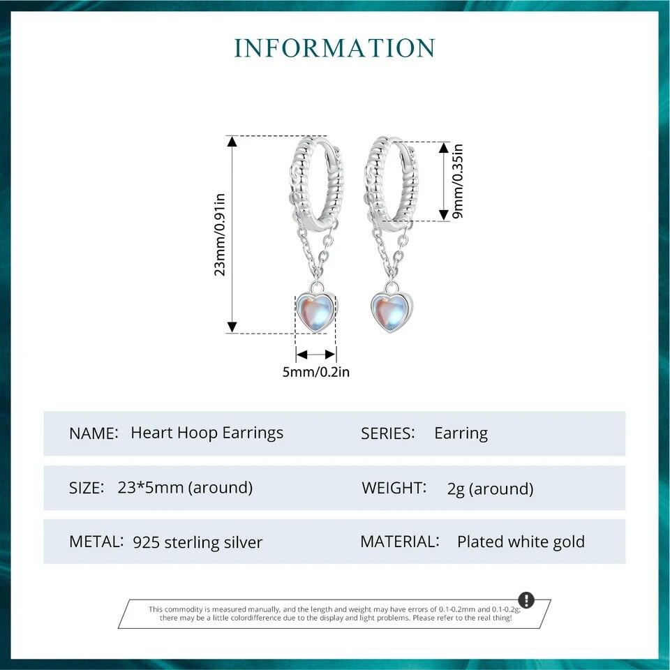 Серьги-капли BAMOER из белого золота с покрытием Huggie в форме сердца, серьги-капли с лунным камнем, женские серьги из стерлингового серебра 925 пробы, гипоаллергенные серьги с фианитом