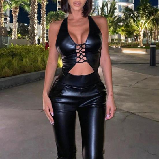 Женский жилет с лямкой на шее, сексуальный кардиган на шнуровке, тонкая блузка из искусственной кожи