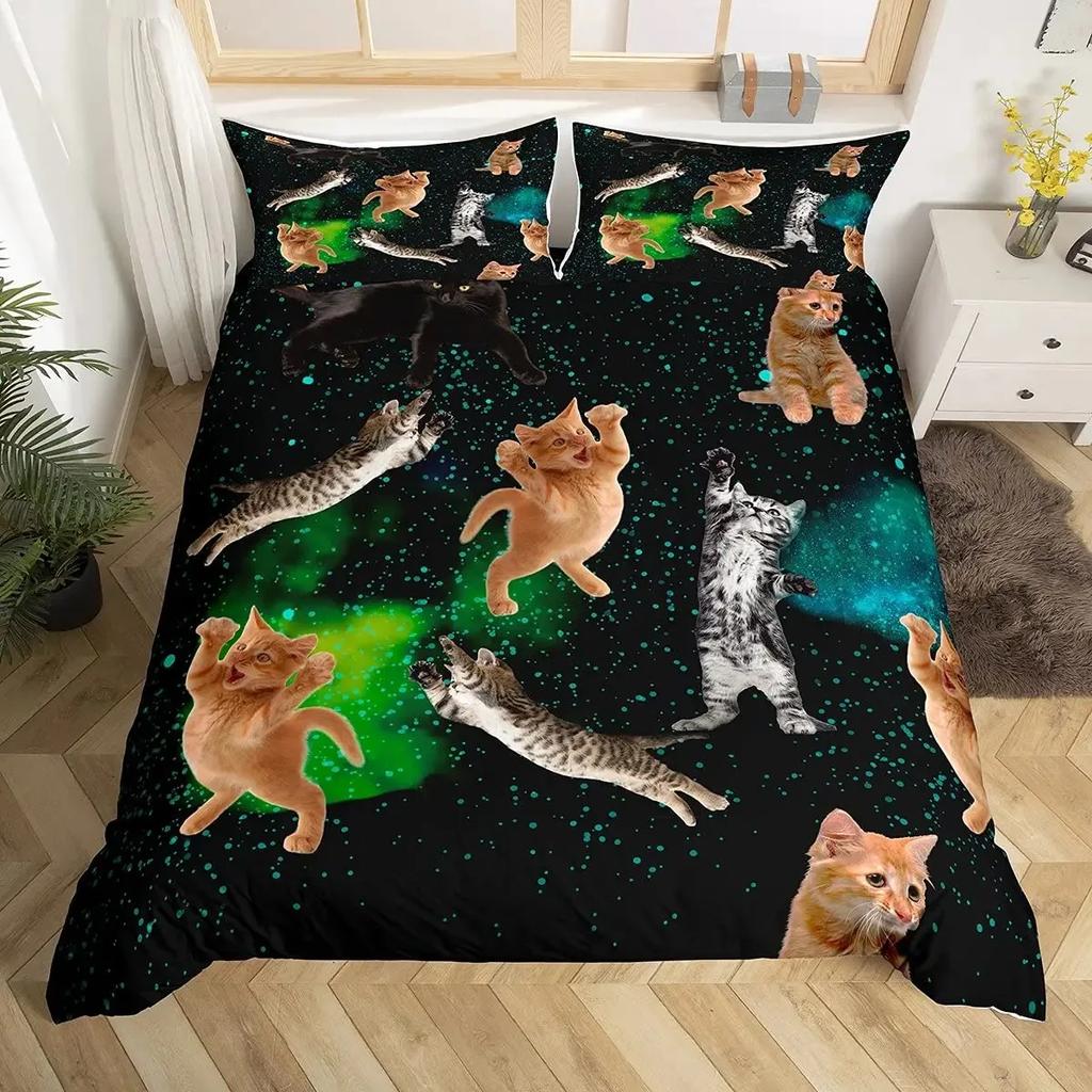 Rainbow Cat Butterfly Duvet Cover Set King,Watercolor Tie Dye Planet Galaxy Outer Space Bedding Set Shiny Golden Glitter Bed Set