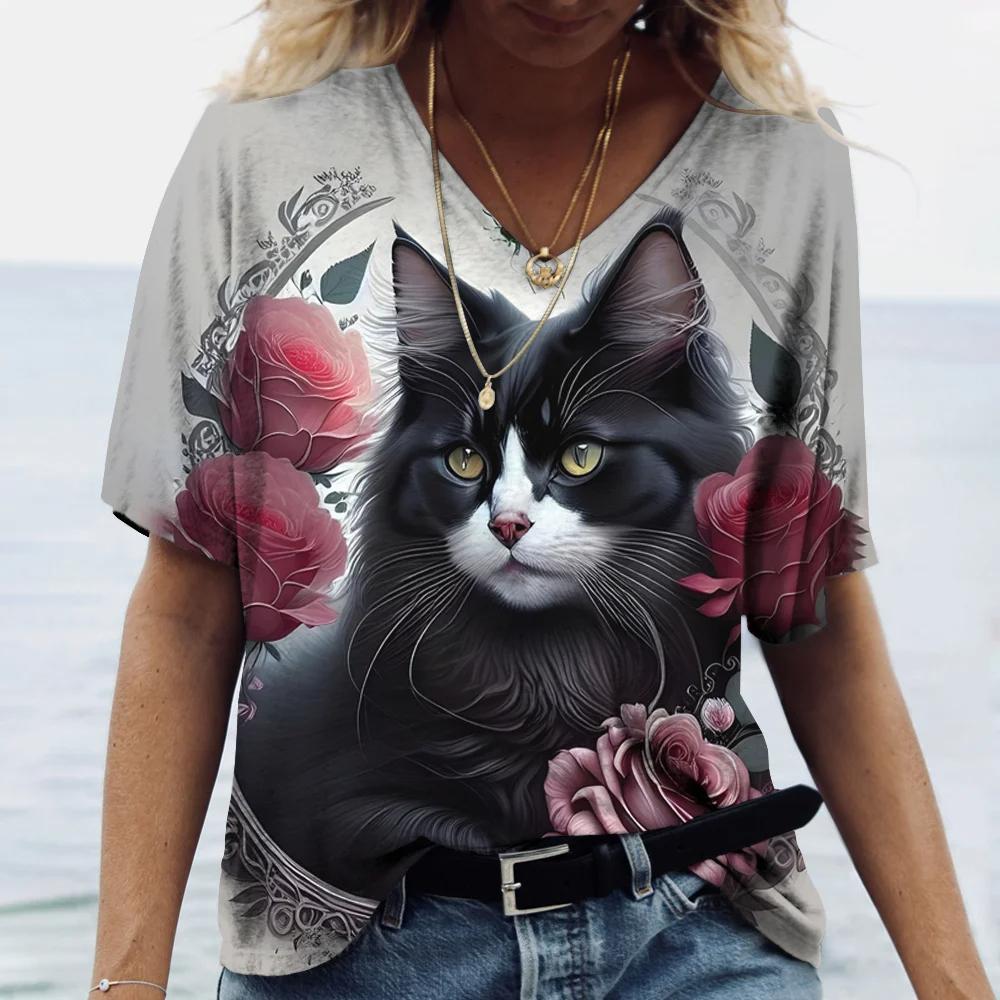 Fashionable Women's T-Shirts Cute Kitten 3D Print Girl Summer Harajuku Loose Casual Clothing Kawaii V-Neck Short Sleeve T-Shirts