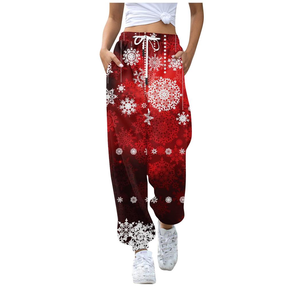 Женские повседневные брюки для отдыха с рождественским принтом, спортивные брюки, брюки с эластичной резинкой на талии, брюки с завязками на шнурке