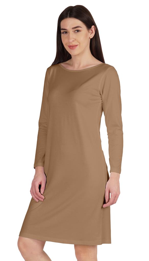 Inkmeso Knee Length Plain Dress Long Sleeve Boat Neck Tshirt Dress For Women