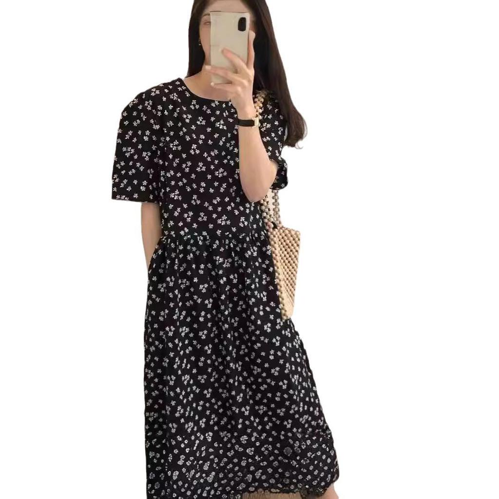 Women's Retro Floral Loose Slimming Black Crew Neck Short Sleeve Long Dress