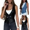 Women Vest Faux Leather Low-cut Sleeveless V Neck Solid Color Slim Fit Button Closure CardiganSoft Breathable Casual