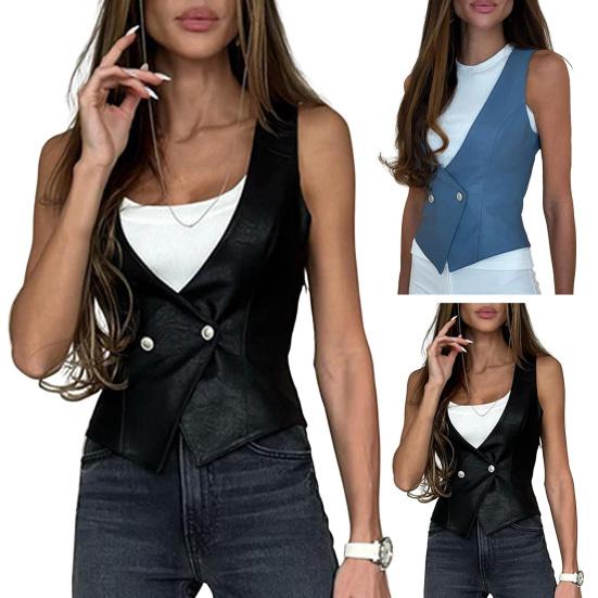 Women Vest Faux Leather Low-cut Sleeveless V Neck Solid Color Slim Fit Button Closure CardiganSoft Breathable Casual