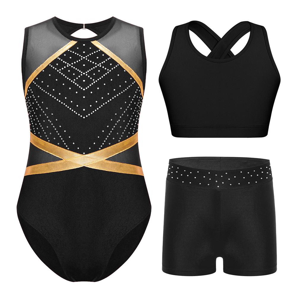 3Pcs Girls Gymnastics Set - Sleeveless Leotard with Keyhole Back, Cross Vest & Rhinestone Shorts for Dance/Performance