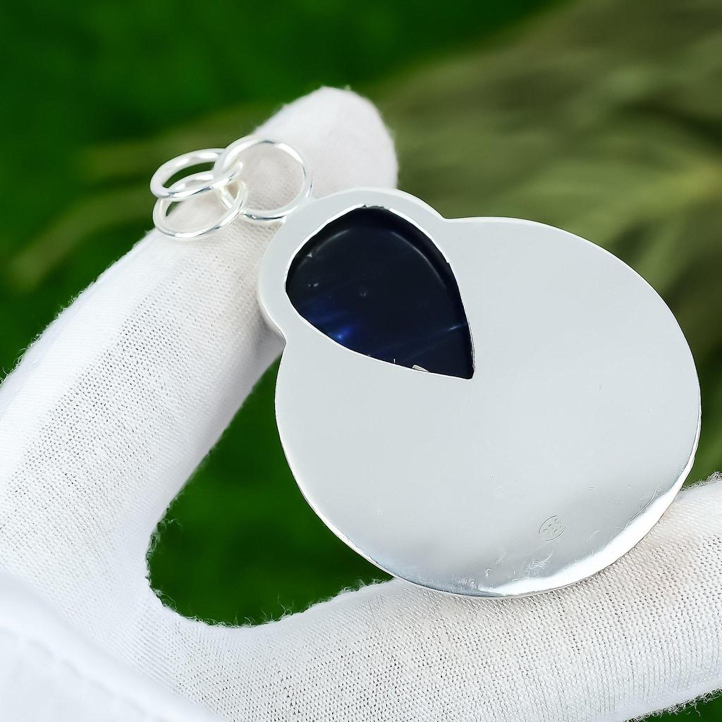 Natural Sodalite Bezel Wife Third Eye Chakra Boho Pendant 925 Sterling Silver