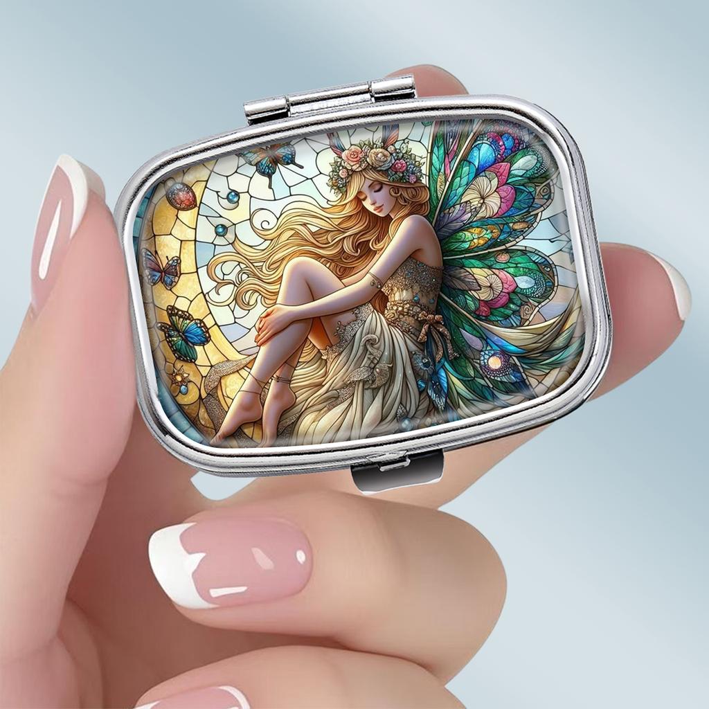 Portable Pill Box with 2 Compartments, Mini Metal Medicine Organizer Case, Cute Printed Pill Container for Vitamins, Pills, Jewelry, Travel, Daily Use
