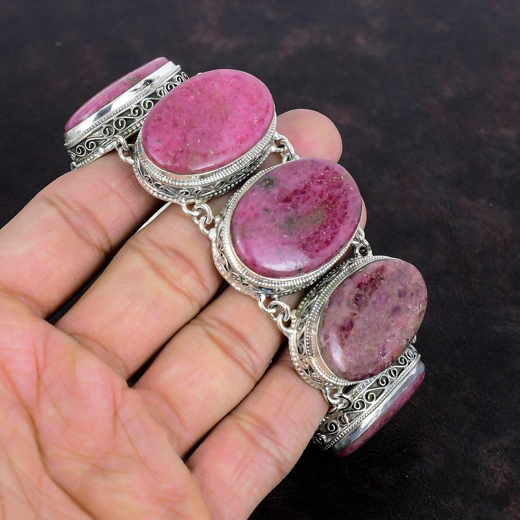 Rhodonite Gemstone Bracelet 925 Sterling Silver Bracelet Handmade Jewelry Adjustable Chain Bracelet Gifts For Mother Vintage Design Bracelet