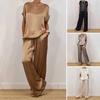 Women's Satin Silky Two-Piece Set Casual Crew Neck Short Sleeve Top Wide Leg Pants Set Loose Loungewear Outfit for Spring Summer