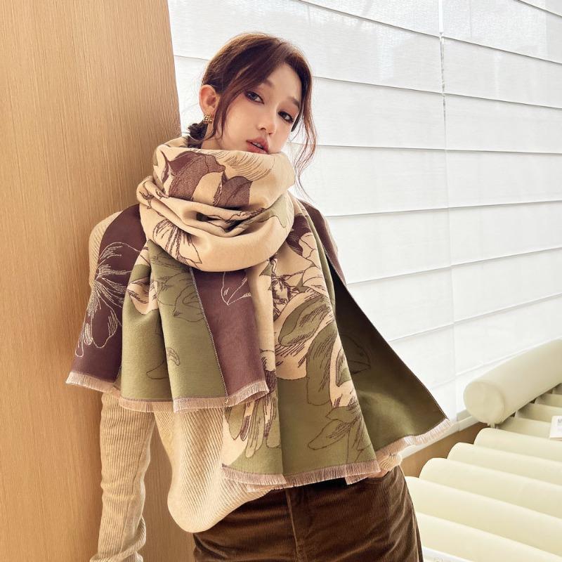 New Magnolia Floral Jacquard Thickened Scarf Women's Autumn and Winter Versatile Imitation Cashmere Shawl Windproof Warm Scarf