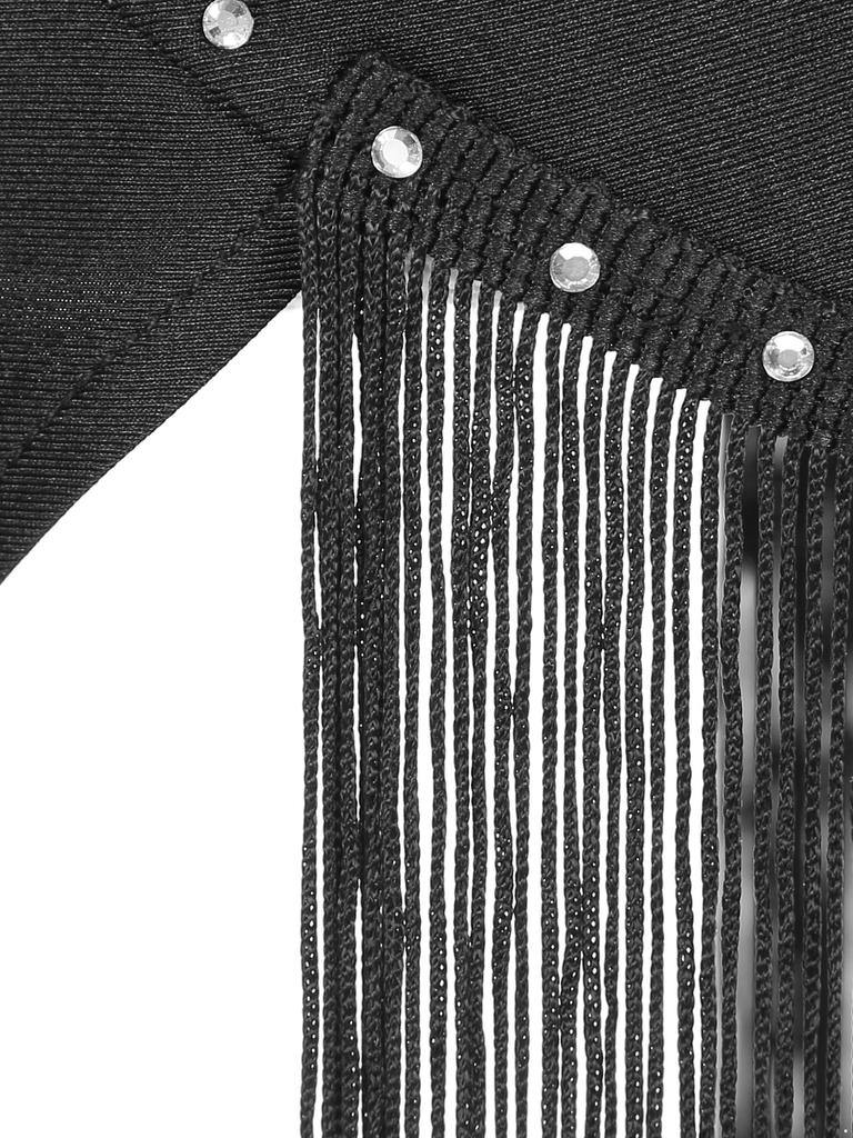 Womens Tango Dance Dress Oblique Shoulder Fringed Design with Sheer Mesh Patchwork and Irregular Hem Latin Costume