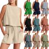 Women's Two-Piece Summer Linen Suit Sleeveless Round Neck Short Vest Wide Leg Casual Shorts Suit
